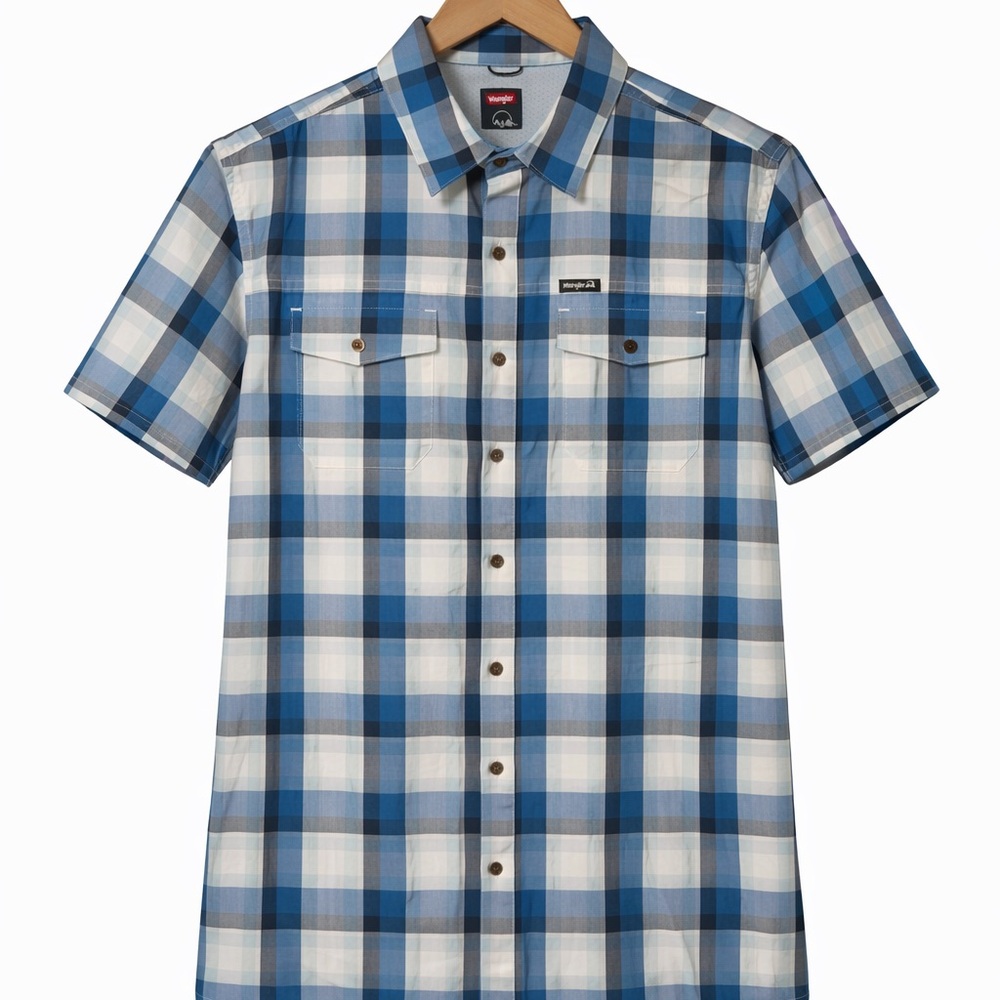 Wrangler Blue & White Plaid Short Sleeve Button-Down